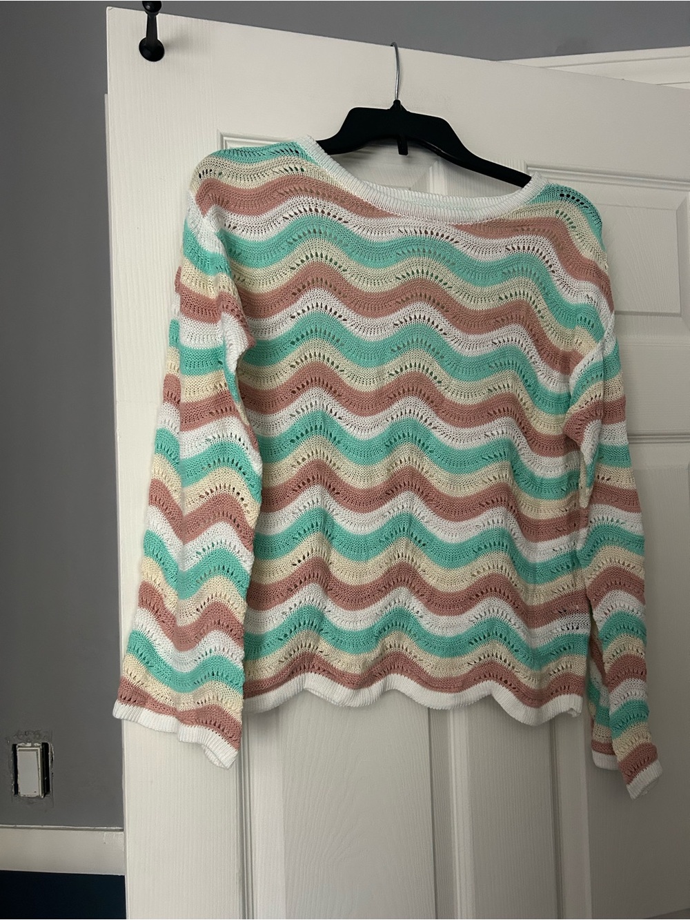 SHEIN Crochet Wave-Stripe Crew Sweater in Mint, Blush & Cream